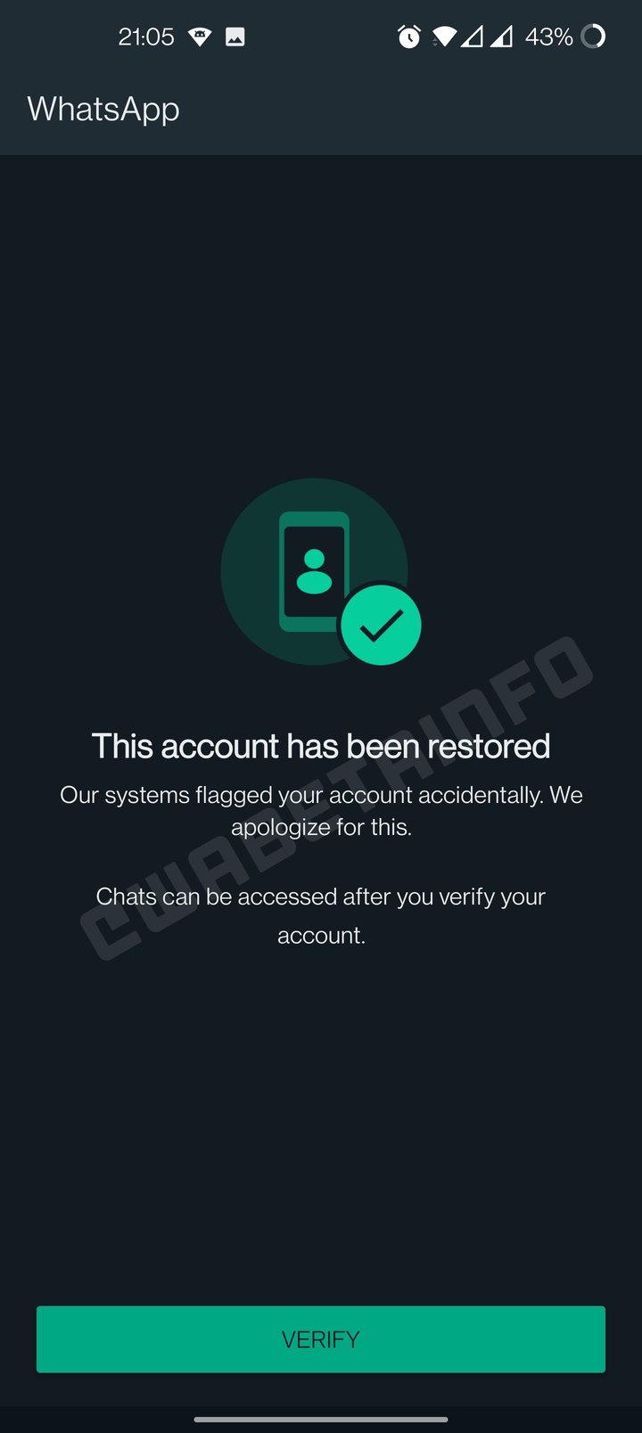 Print real da tela: This account has been restored
